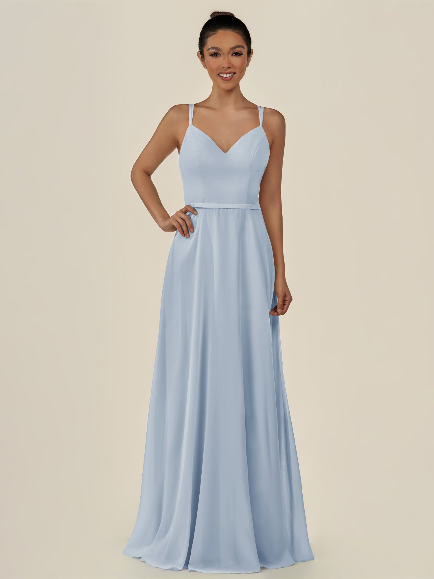 KissDress-Lurne Ice A Line Chiffon V Neck Long Bridesmaid Dress with Cinched Waistline
