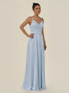 KissDress-Lurne Ice A Line Chiffon V Neck Long Bridesmaid Dress with Cinched Waistline