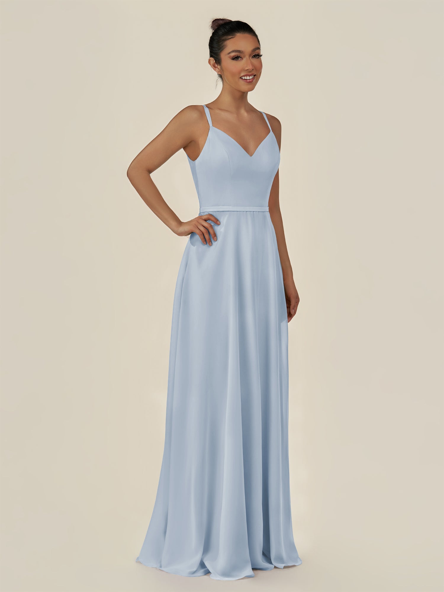 KissDress-Lurne Ice A Line Chiffon V Neck Long Bridesmaid Dress with Cinched Waistline