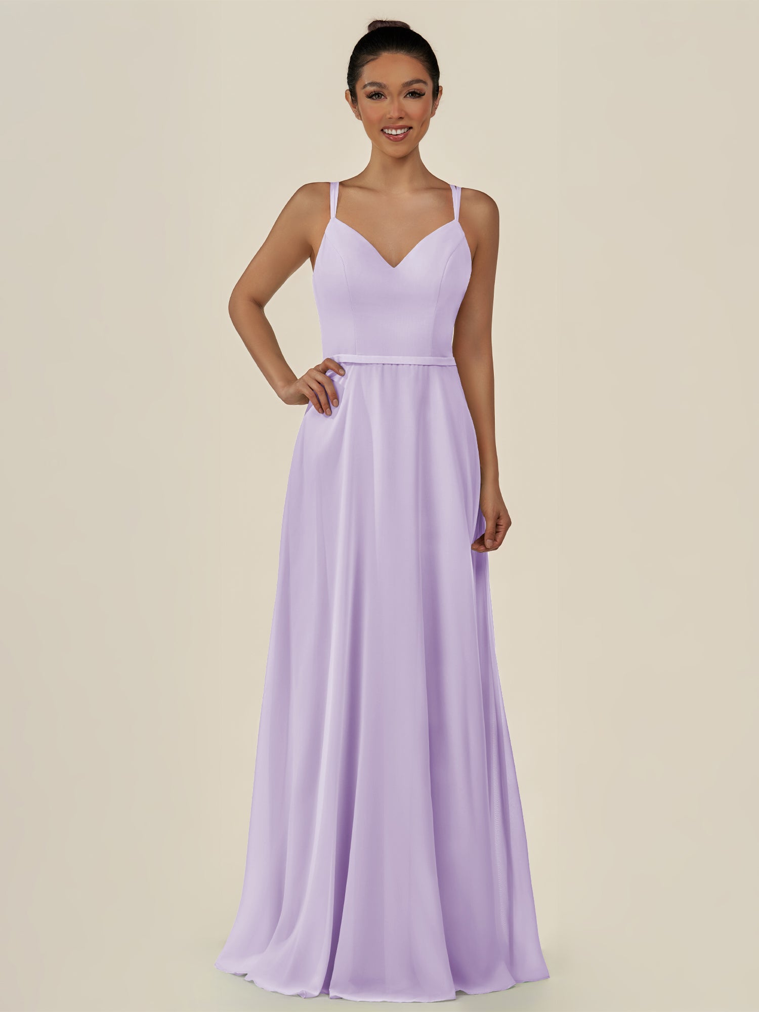 KissDress-Lurne Lavender A Line Chiffon V Neck Long Bridesmaid Dress with Cinched Waistline