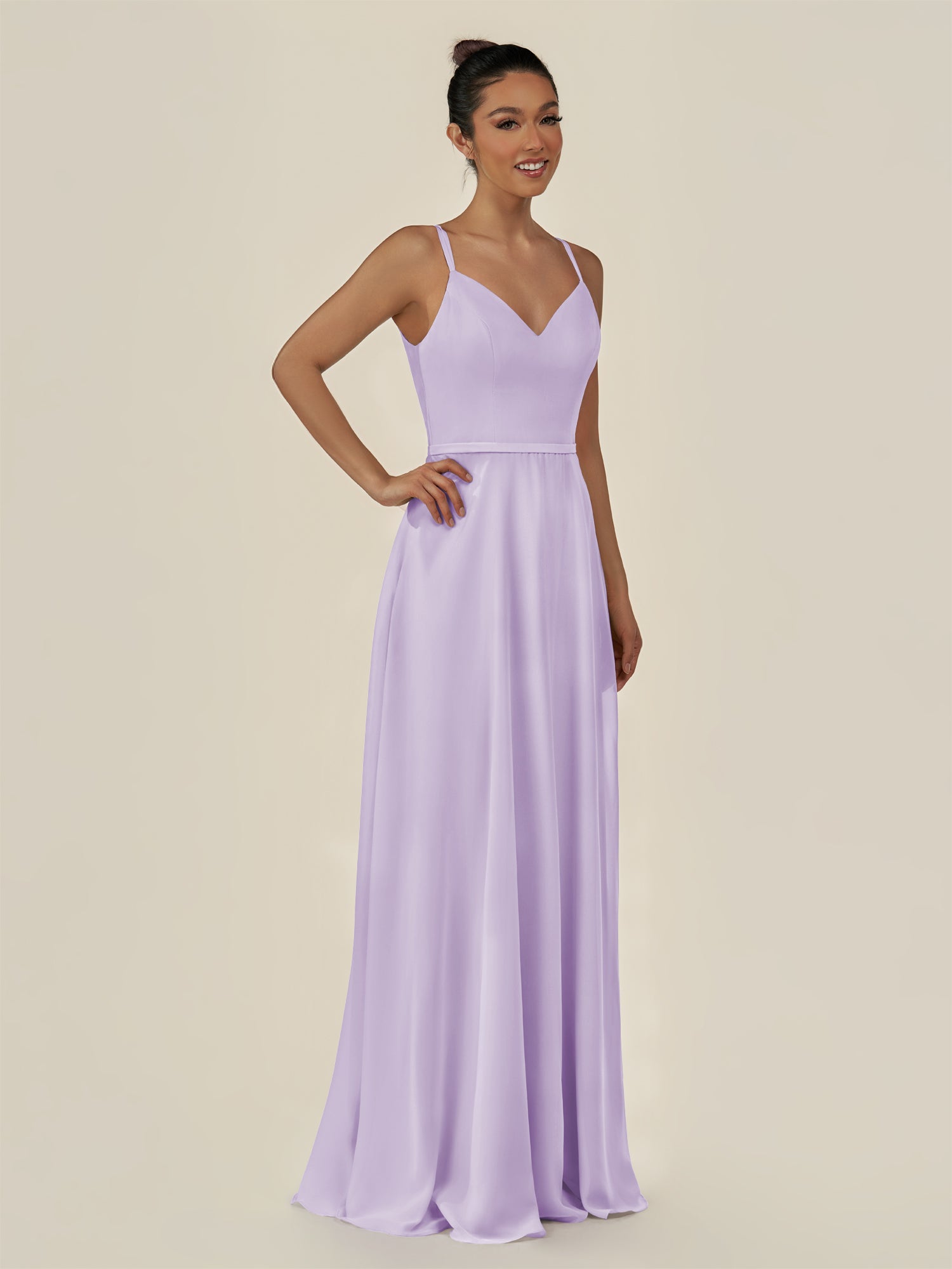 KissDress-Lurne Lavender A Line Chiffon V Neck Long Bridesmaid Dress with Cinched Waistline