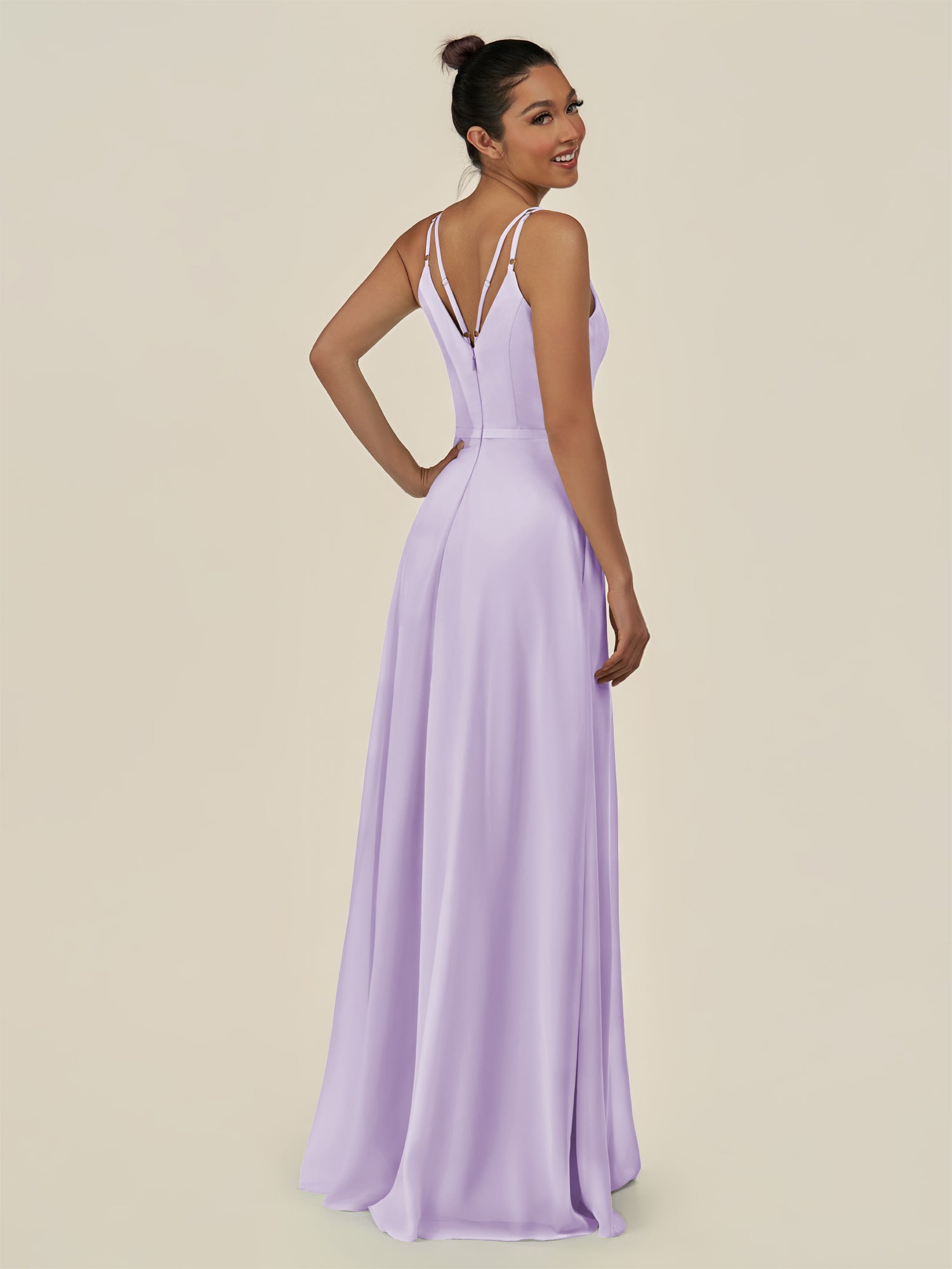 KissDress-Lurne Lavender A Line Chiffon V Neck Long Bridesmaid Dress with Cinched Waistline