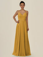 KissDress-Lurne Marigold A Line Chiffon V Neck Long Bridesmaid Dress with Cinched Waistline