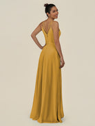 KissDress-Lurne Marigold A Line Chiffon V Neck Long Bridesmaid Dress with Cinched Waistline