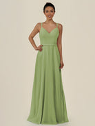 KissDress-Lurne Matcha A Line Chiffon V Neck Long Bridesmaid Dress with Cinched Waistline