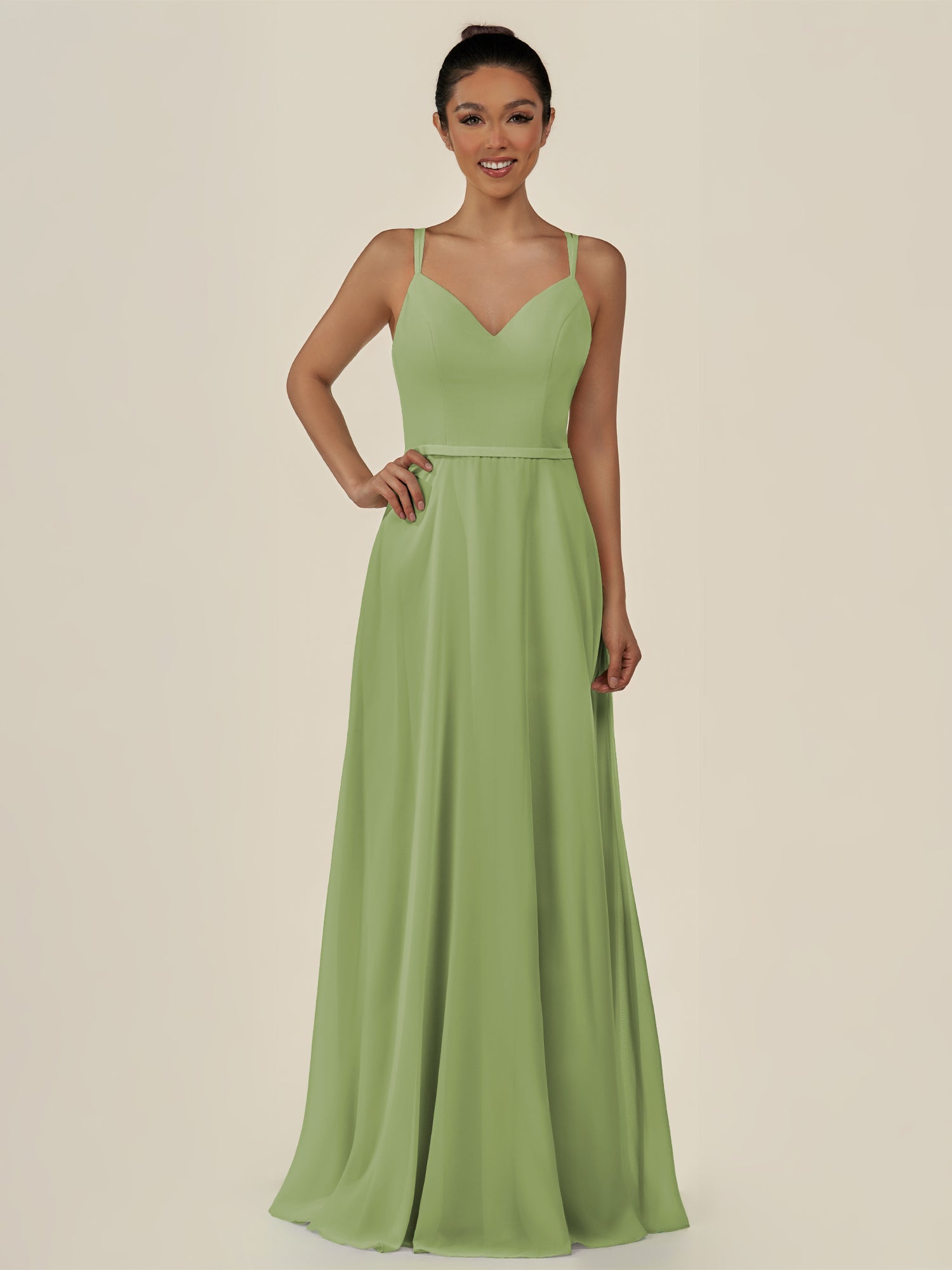 KissDress-Lurne Matcha A Line Chiffon V Neck Long Bridesmaid Dress with Cinched Waistline