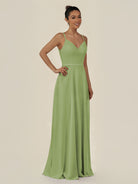KissDress-Lurne Matcha A Line Chiffon V Neck Long Bridesmaid Dress with Cinched Waistline