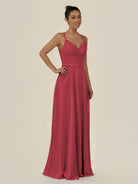 KissDress-Lurne Merlot A Line Chiffon V Neck Long Bridesmaid Dress with Cinched Waistline