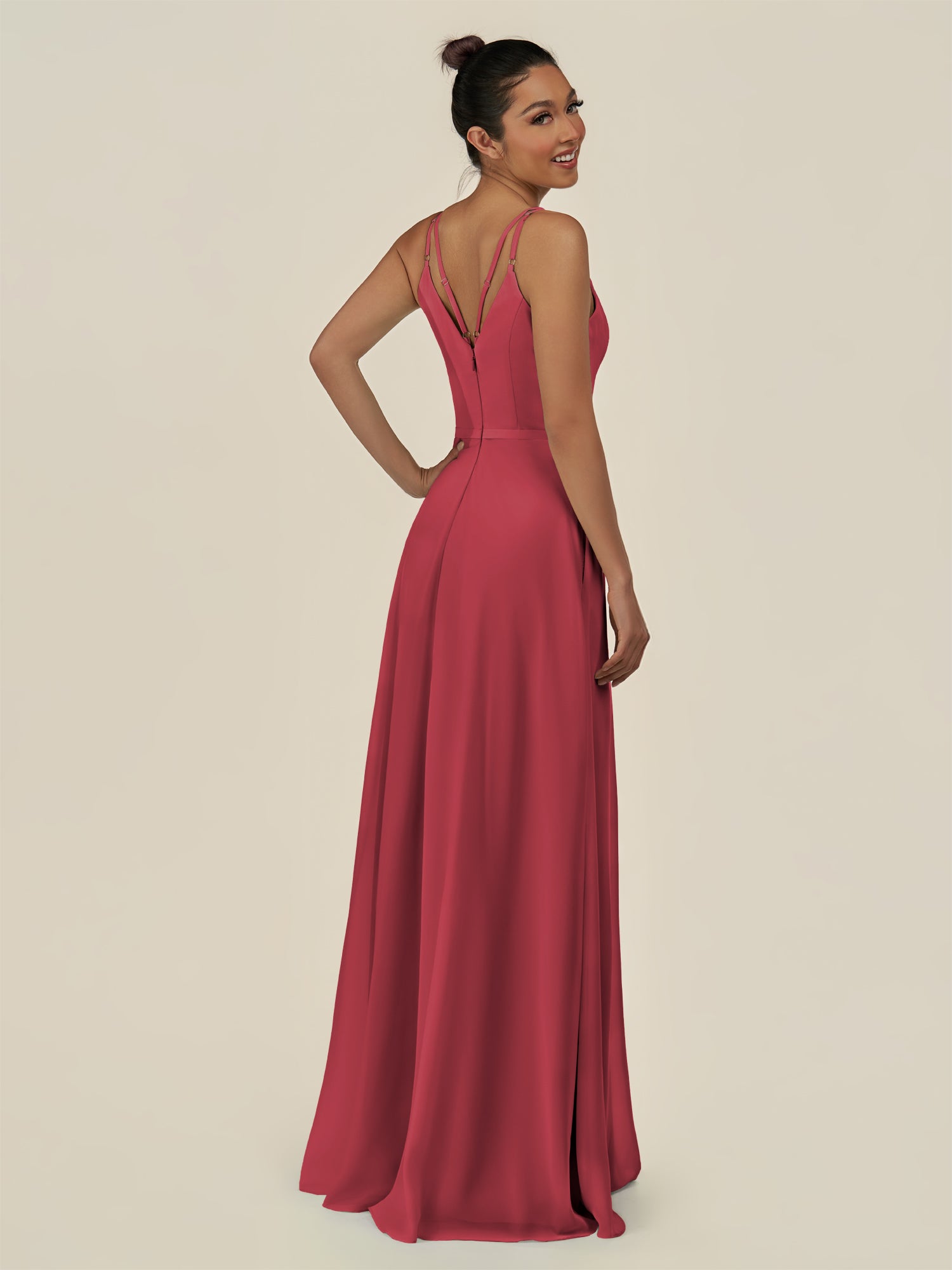 KissDress-Lurne Merlot A Line Chiffon V Neck Long Bridesmaid Dress with Cinched Waistline