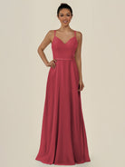 KissDress-Lurne Merlot A Line Chiffon V Neck Long Bridesmaid Dress with Cinched Waistline