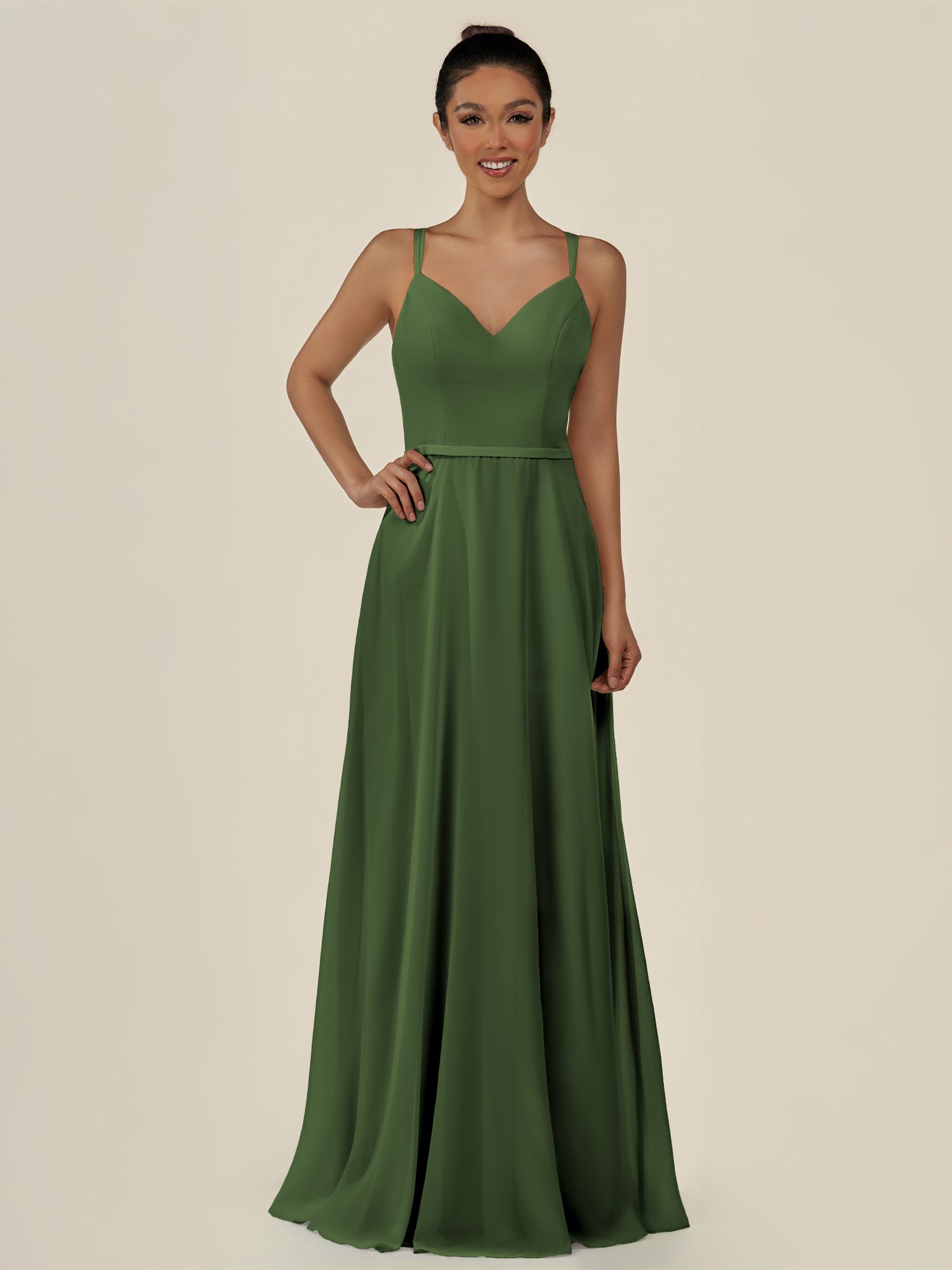 KissDress-Lurne Moss A Line Chiffon V Neck Long Bridesmaid Dress with Cinched Waistline