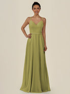 KissDress-Lurne Moss Green A Line Chiffon V Neck Long Bridesmaid Dress with Cinched Waistline