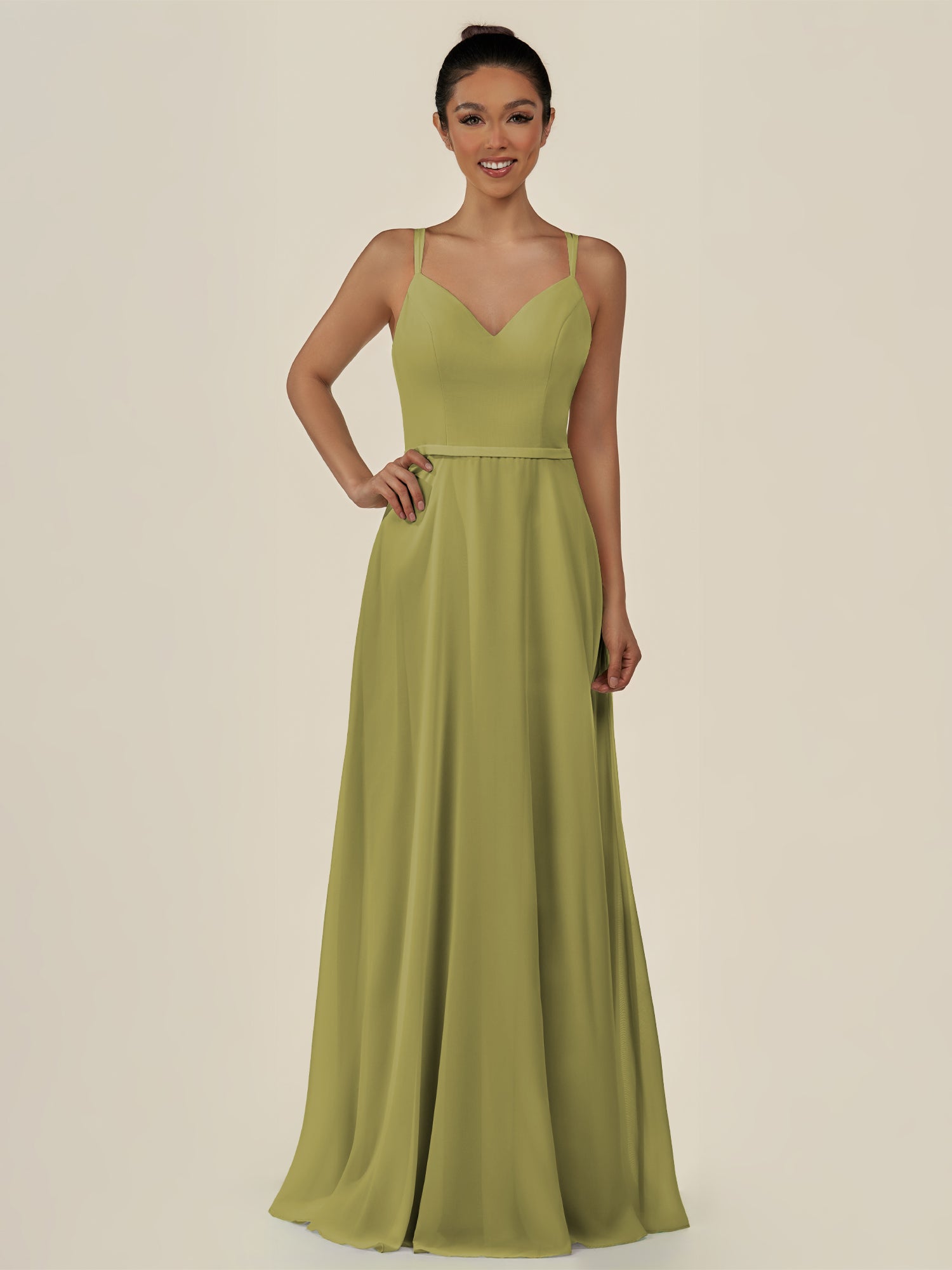 KissDress-Lurne Moss Green A Line Chiffon V Neck Long Bridesmaid Dress with Cinched Waistline
