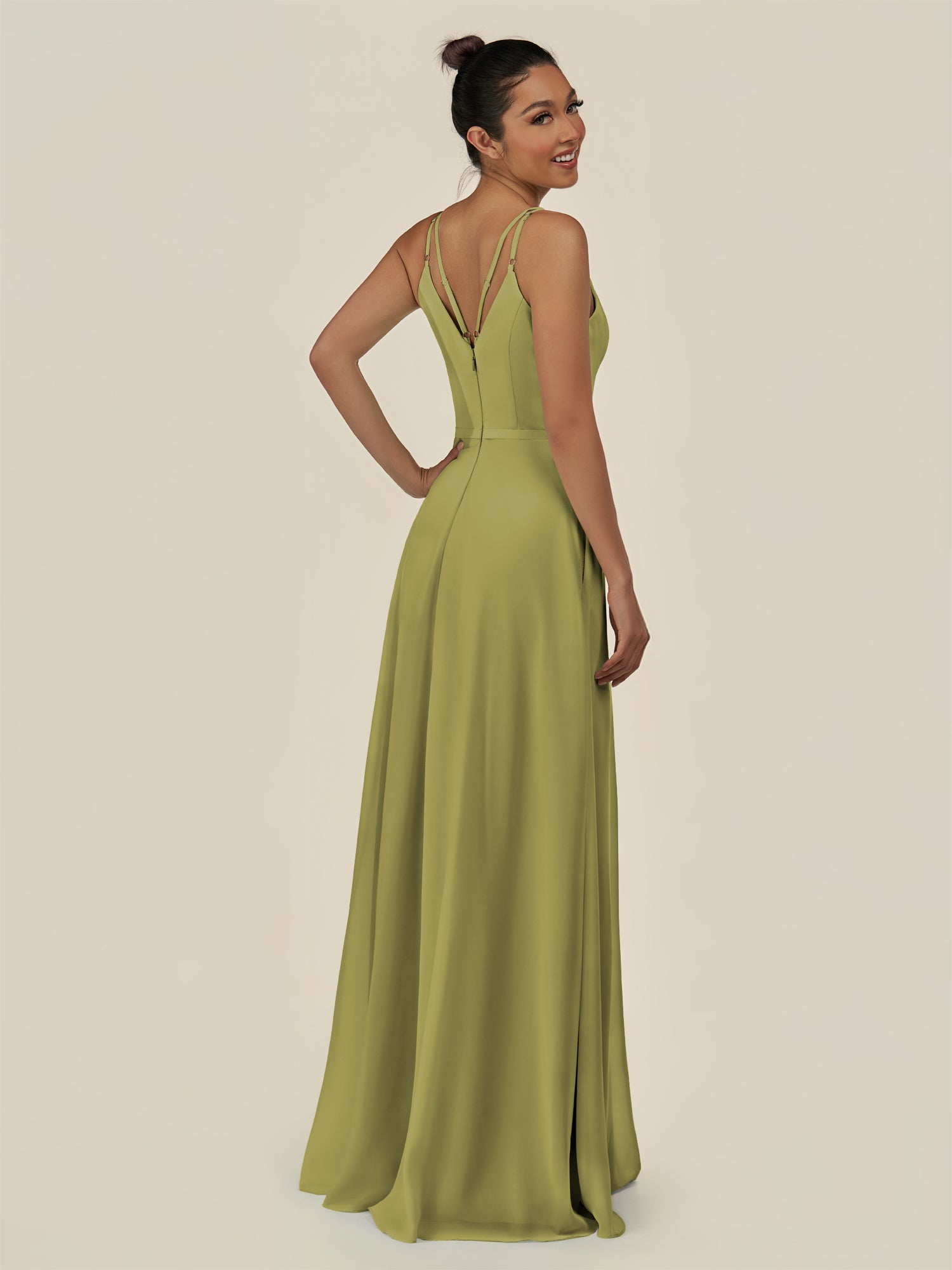 KissDress-Lurne Moss Green A Line Chiffon V Neck Long Bridesmaid Dress with Cinched Waistline