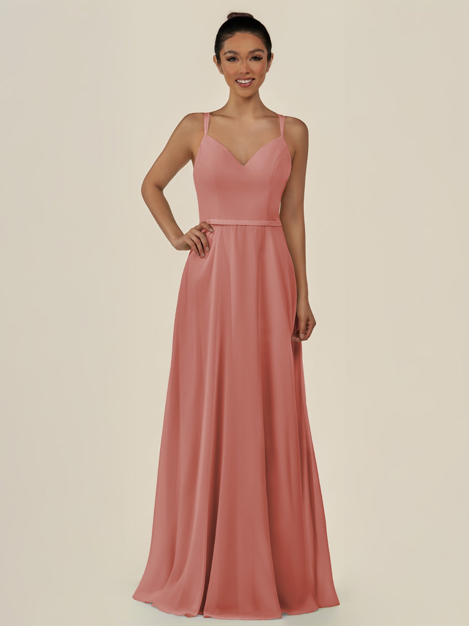 KissDress-Lurne Mulberry A Line Chiffon V Neck Long Bridesmaid Dress with Cinched Waistline