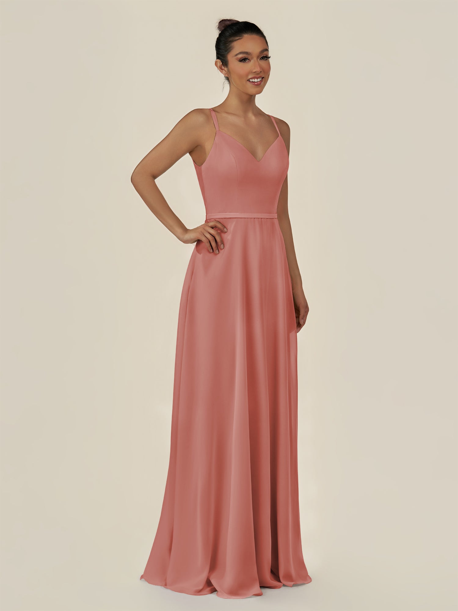 KissDress-Lurne Mulberry A Line Chiffon V Neck Long Bridesmaid Dress with Cinched Waistline