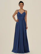 KissDress-Lurne Navy A Line Chiffon V Neck Long Bridesmaid Dress with Cinched Waistline