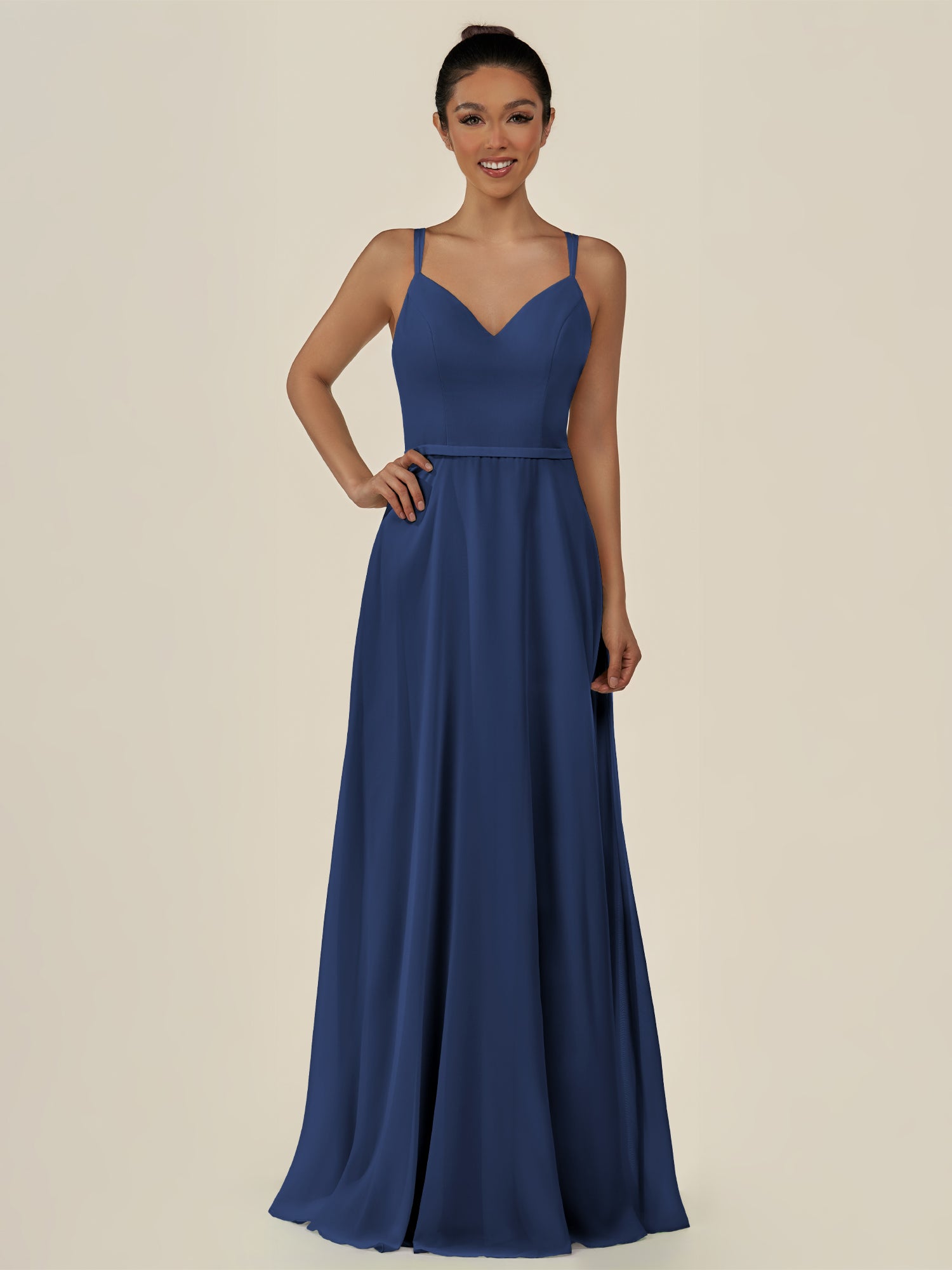KissDress-Lurne Navy A Line Chiffon V Neck Long Bridesmaid Dress with Cinched Waistline