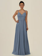 KissDress-Lurne Neptune A Line Chiffon V Neck Long Bridesmaid Dress with Cinched Waistline