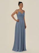 KissDress-Lurne Neptune A Line Chiffon V Neck Long Bridesmaid Dress with Cinched Waistline