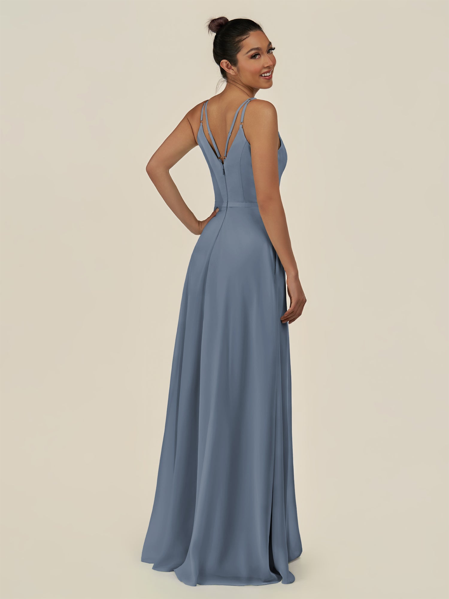 KissDress-Lurne Neptune A Line Chiffon V Neck Long Bridesmaid Dress with Cinched Waistline
