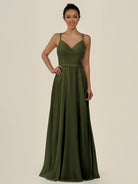 KissDress-Lurne Olive A Line Chiffon V Neck Long Bridesmaid Dress with Cinched Waistline