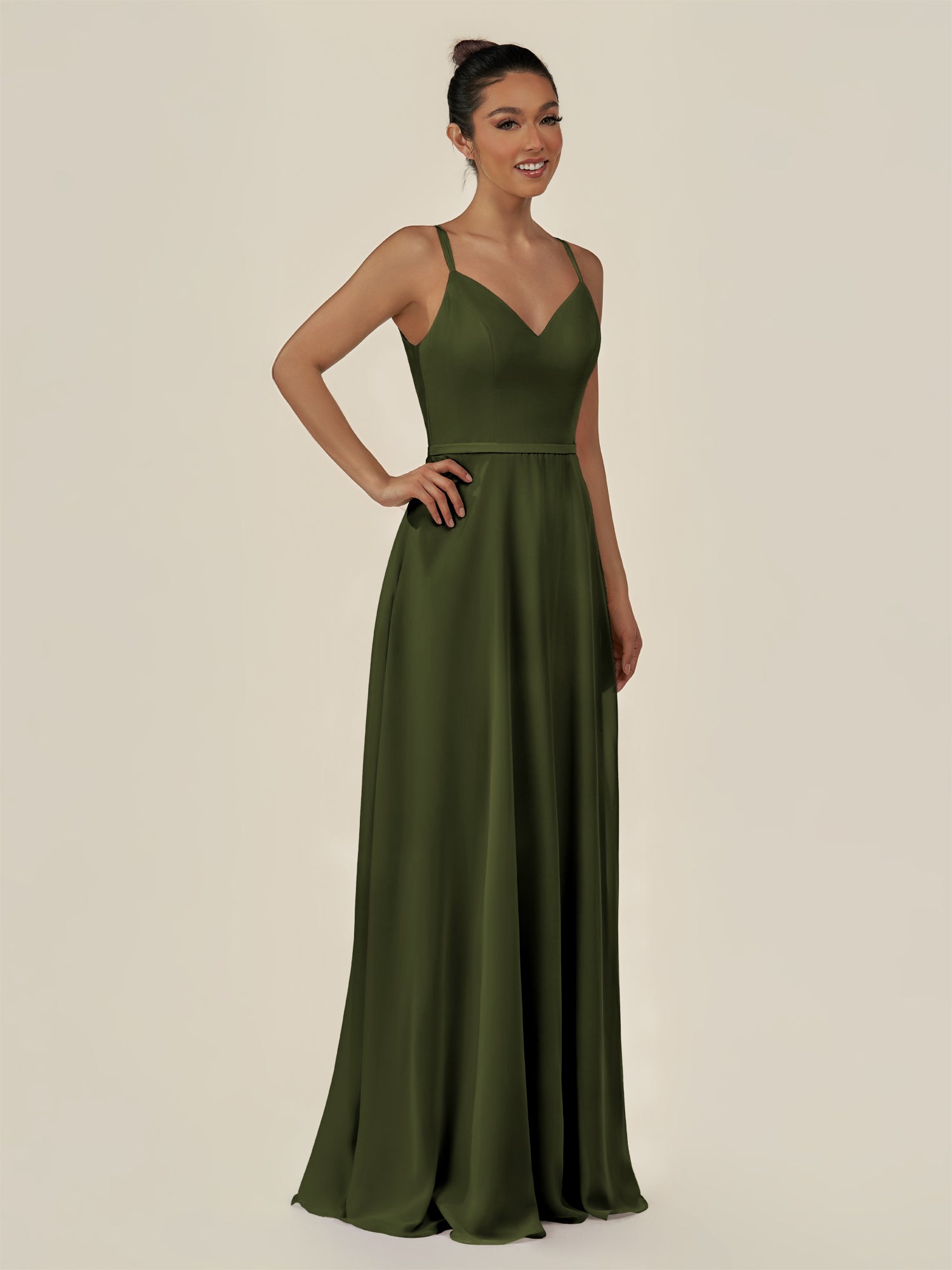 KissDress-Lurne Olive A Line Chiffon V Neck Long Bridesmaid Dress with Cinched Waistline