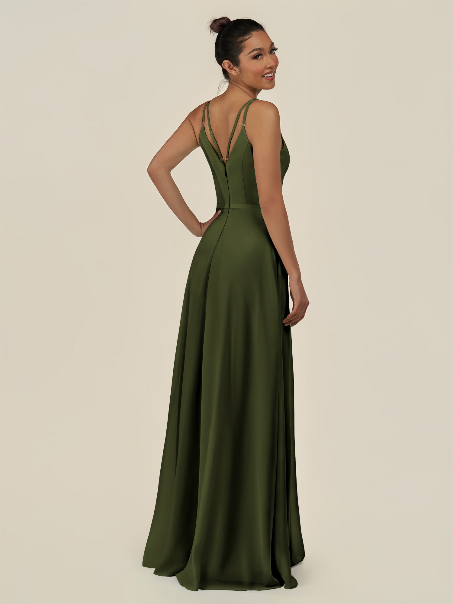 KissDress-Lurne Olive A Line Chiffon V Neck Long Bridesmaid Dress with Cinched Waistline