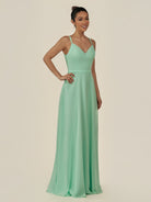 KissDress-Lurne Pale Pistachio A Line Chiffon V Neck Long Bridesmaid Dress with Cinched Waistline
