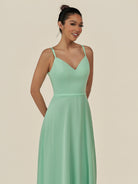 KissDress-Lurne Pale Pistachio A Line Chiffon V Neck Long Bridesmaid Dress with Cinched Waistline