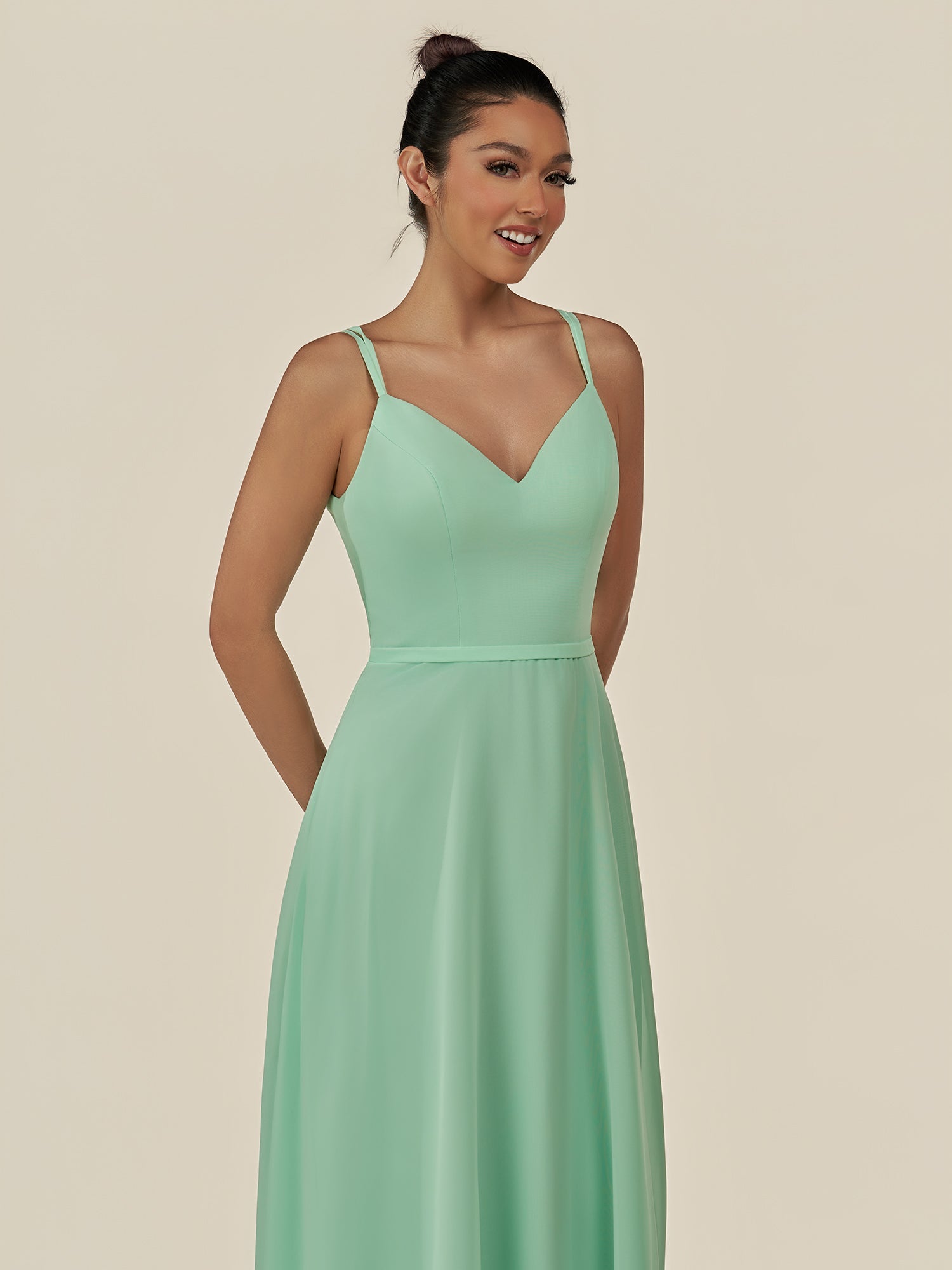 KissDress-Lurne Pale Pistachio A Line Chiffon V Neck Long Bridesmaid Dress with Cinched Waistline