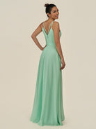 KissDress-Lurne Pale Pistachio A Line Chiffon V Neck Long Bridesmaid Dress with Cinched Waistline