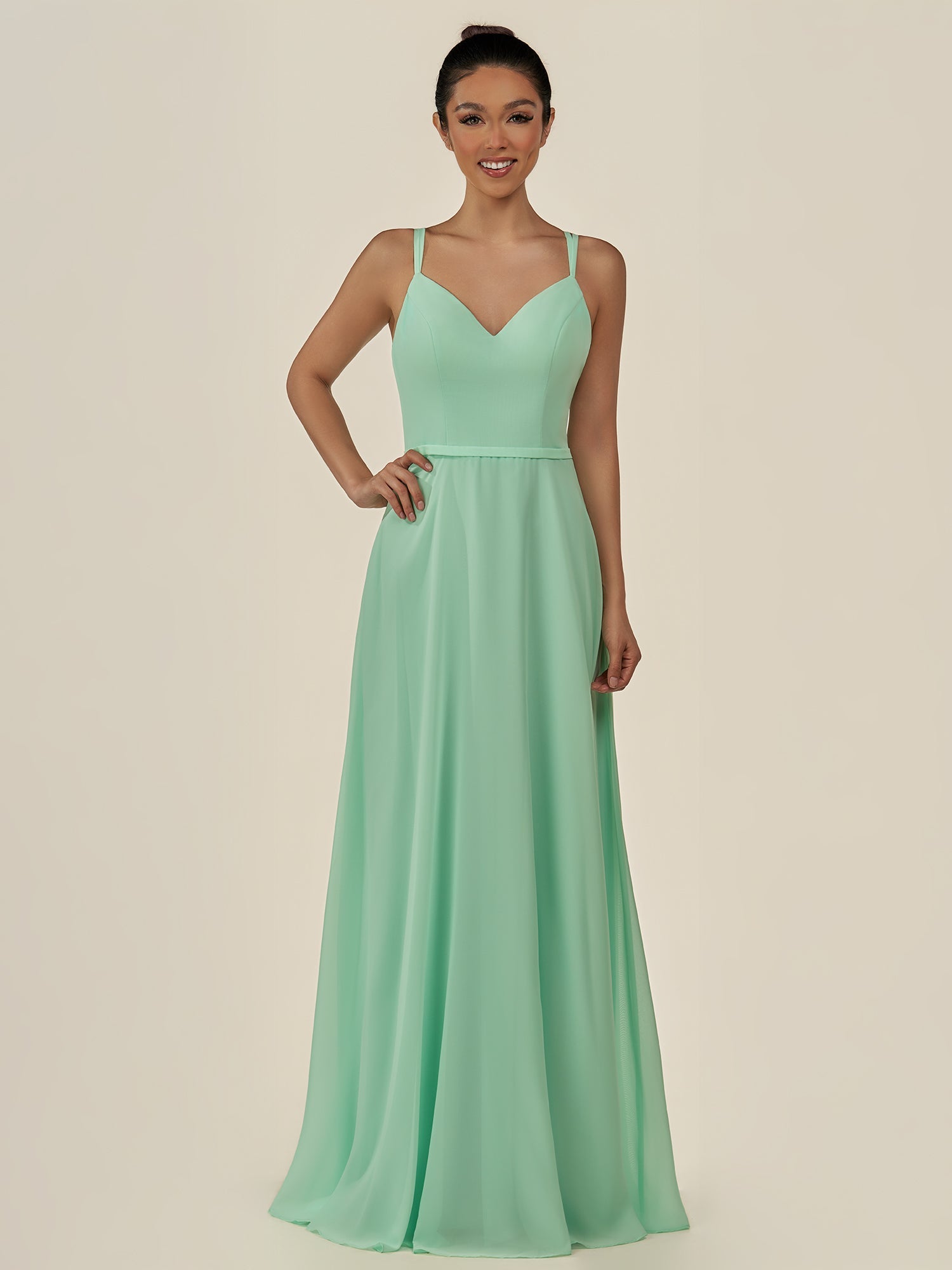 KissDress-Lurne Pale Pistachio A Line Chiffon V Neck Long Bridesmaid Dress with Cinched Waistline