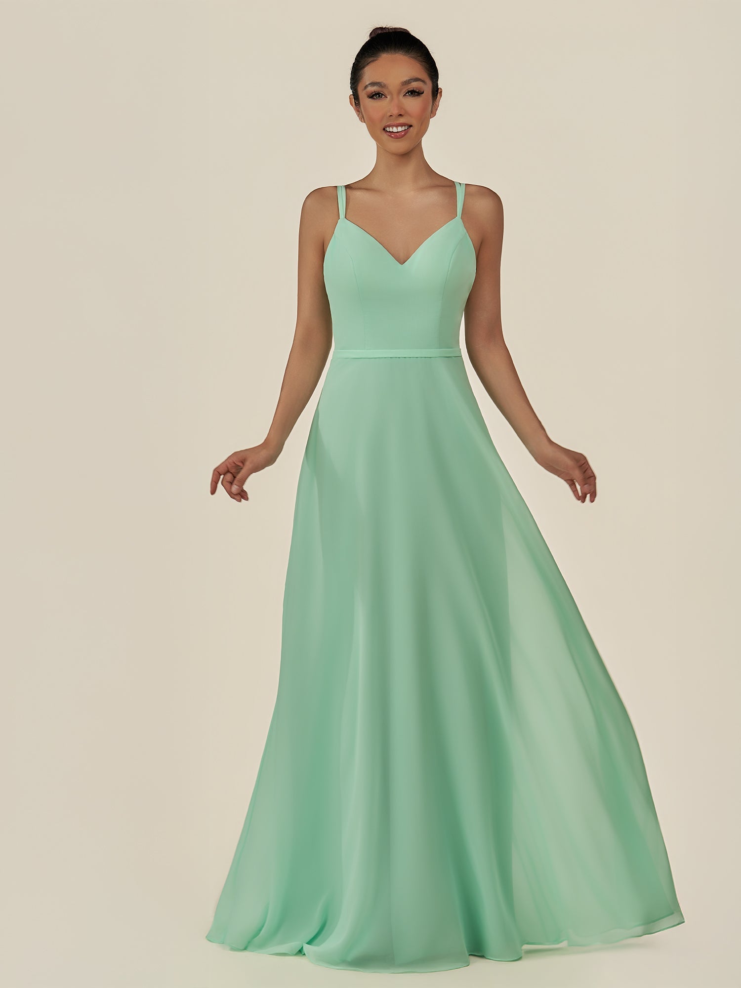 KissDress-Lurne Pale Pistachio A Line Chiffon V Neck Long Bridesmaid Dress with Cinched Waistline