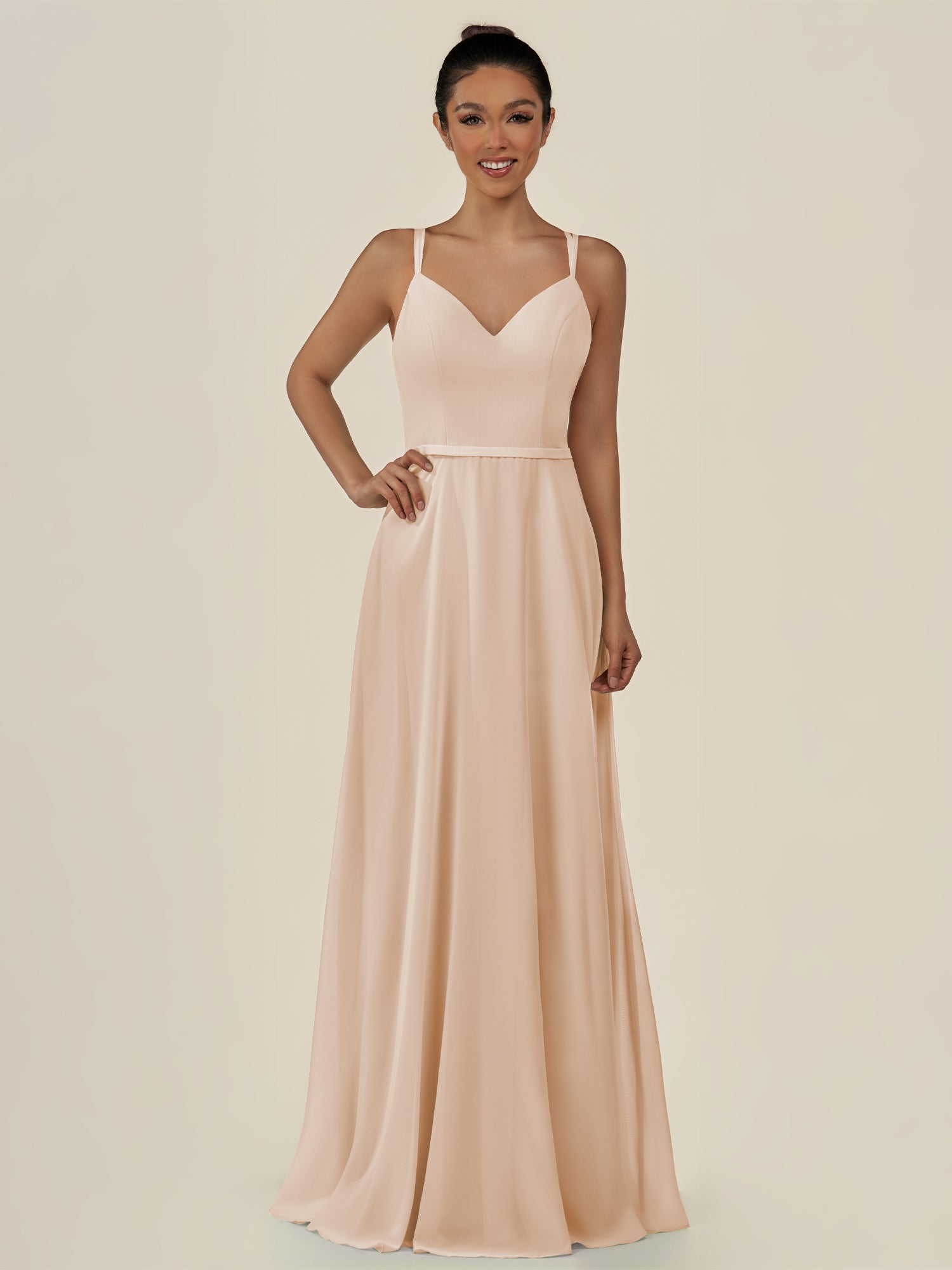 KissDress-Lurne Pale Blush A Line Chiffon V Neck Long Bridesmaid Dress with Cinched Waistline