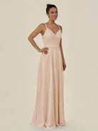 KissDress-Lurne Pale Blush A Line Chiffon V Neck Long Bridesmaid Dress with Cinched Waistline