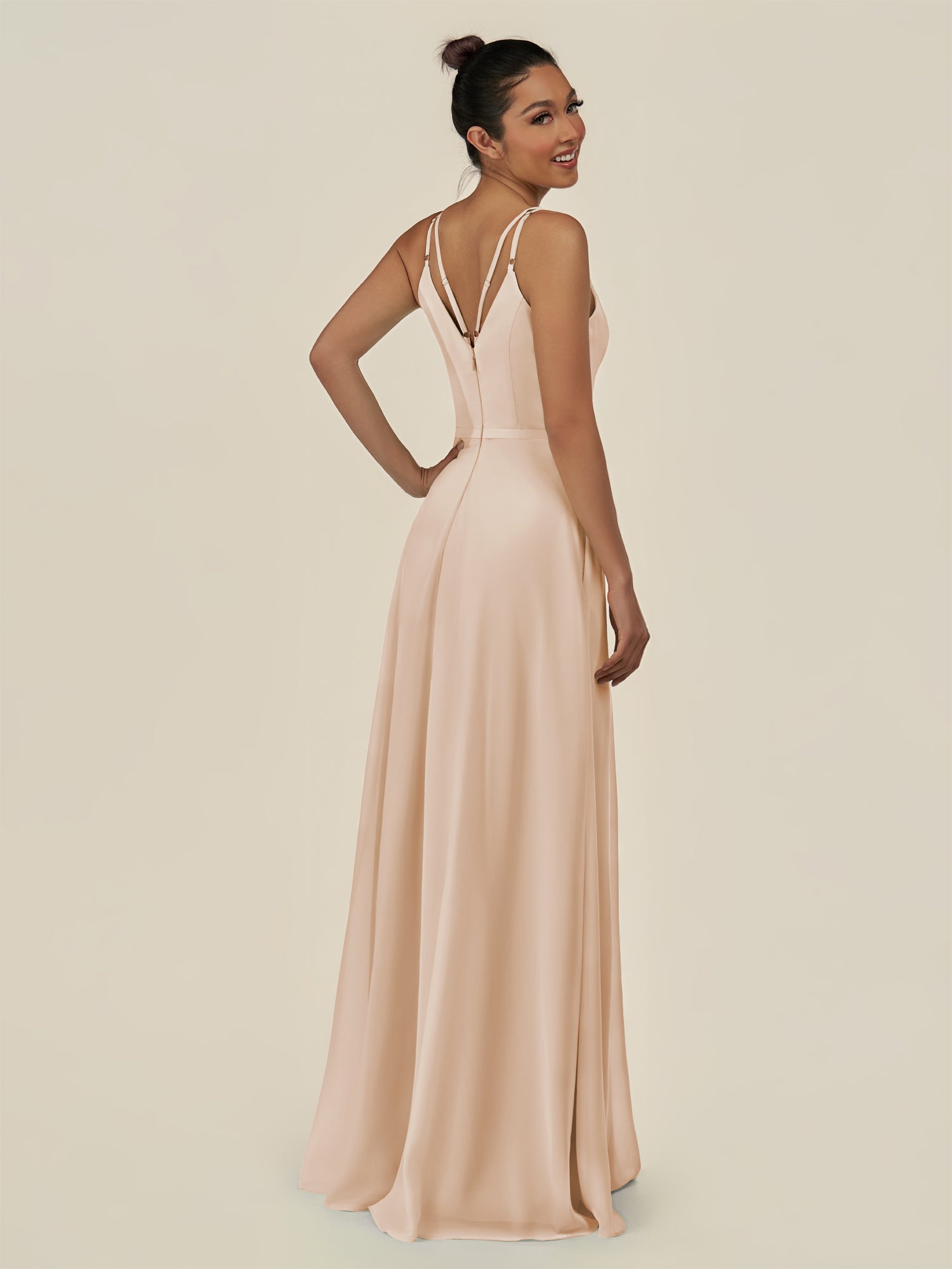 KissDress-Lurne Pale Blush A Line Chiffon V Neck Long Bridesmaid Dress with Cinched Waistline