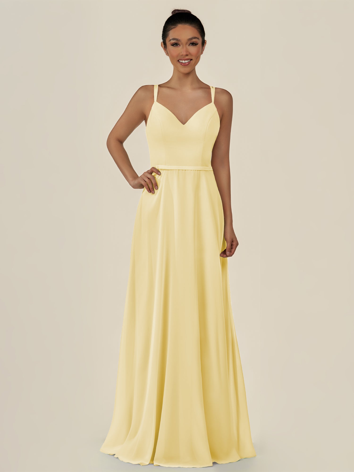 KissDress-Lurne Pastel Yellow A Line Chiffon V Neck Long Bridesmaid Dress with Cinched Waistline