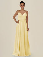 KissDress-Lurne Pastel Yellow A Line Chiffon V Neck Long Bridesmaid Dress with Cinched Waistline