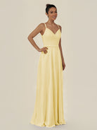 KissDress-Lurne Pastel Yellow A Line Chiffon V Neck Long Bridesmaid Dress with Cinched Waistline