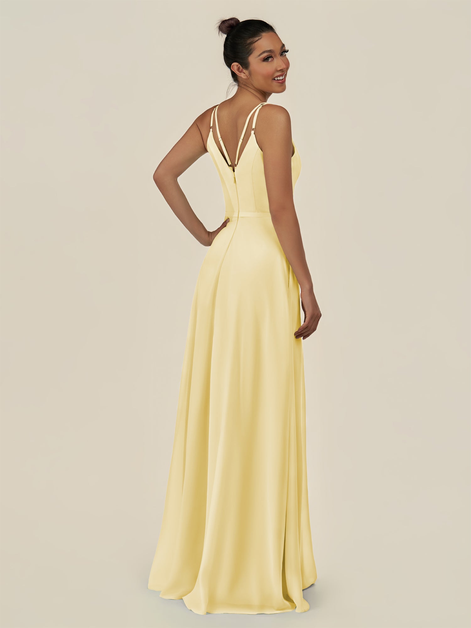 KissDress-Lurne Pastel Yellow A Line Chiffon V Neck Long Bridesmaid Dress with Cinched Waistline
