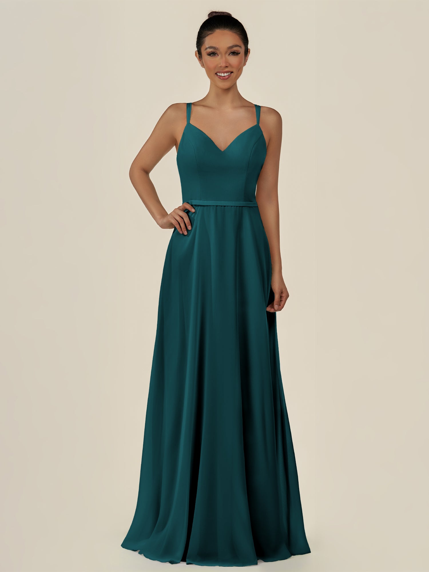KissDress-Lurne Pine A Line Chiffon V Neck Long Bridesmaid Dress with Cinched Waistline