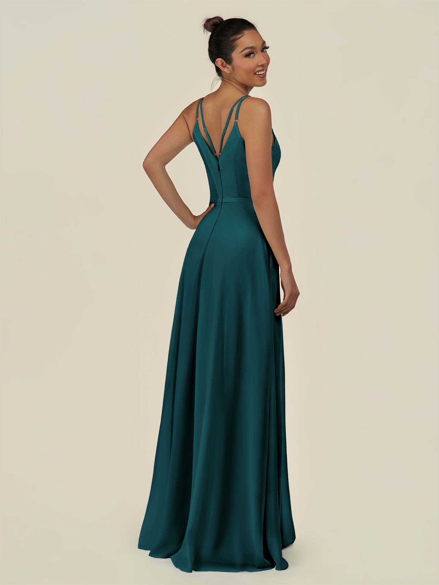 KissDress-Lurne Pine A Line Chiffon V Neck Long Bridesmaid Dress with Cinched Waistline