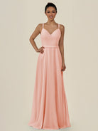 KissDress-Lurne Rose Petal A Line Chiffon V Neck Long Bridesmaid Dress with Cinched Waistline