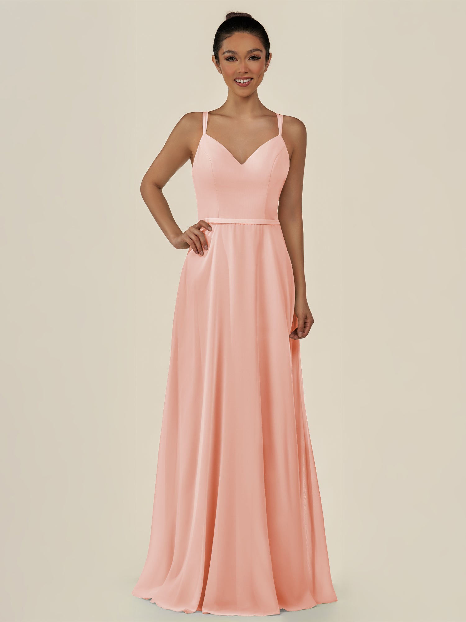KissDress-Lurne Rose Petal A Line Chiffon V Neck Long Bridesmaid Dress with Cinched Waistline
