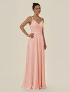KissDress-Lurne Rose Petal A Line Chiffon V Neck Long Bridesmaid Dress with Cinched Waistline