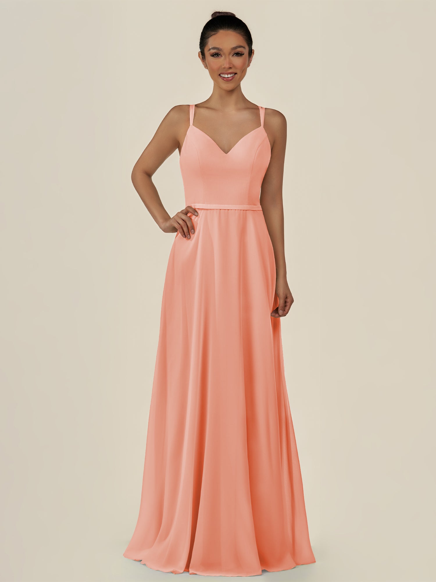 KissDress-Lurne Rosette A Line Chiffon V Neck Long Bridesmaid Dress with Cinched Waistline