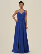 KissDress-Lurne Royal Blue A Line Chiffon V Neck Long Bridesmaid Dress with Cinched Waistline