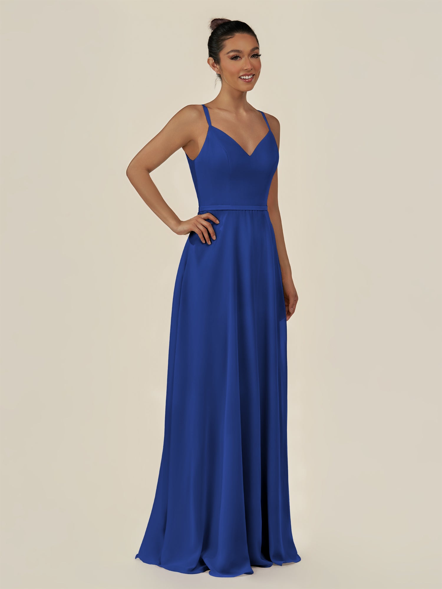 KissDress-Lurne Royal Blue A Line Chiffon V Neck Long Bridesmaid Dress with Cinched Waistline