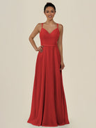KissDress-Lurne Ruby Red A Line Chiffon V Neck Long Bridesmaid Dress with Cinched Waistline